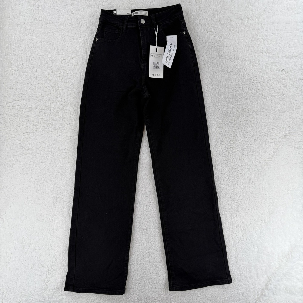 Katch Me Jeans Womens XS Black High Rise Wide‎ Leg Relaxed Fit Stretch Denim NWT